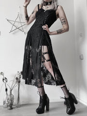Goth Dark Split Mall Gothic Lace Sexy Bandage Midi Dresses Women Grunge Aesthetic Black Punk Sling Partywear Alternative Clothes