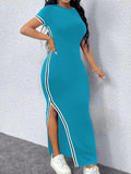 Pbong  Black Slim Fit Round-Neck Maxi Dress with White Stripe Trim and Side Slit