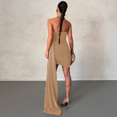 Khaki Mini Strapless Dress Summer Black Bright Silk Corset Bodycon Dress for Women Sexy Backless Evening Party Club Outfits
