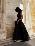 Elegant Oblique Collar Pleated A-line Dress For Women Fashion Brown Sleeveless Slim Long Dresses New Evening Party Gowns
