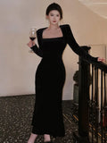 Elegant Solid Velvet Mermaid Dress for Women New Vintage Chic Square Collar Bodycon Evening Party Dresses Female Slim Vestidos