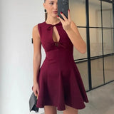 Deep V-neck Lace-up Short Dress 2025 New Zipper Hollow Out Sexy Summer Women Dress Solid Color Fashion Chic Pleated Tank's Dress