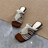 Pbong  womens Woven Thin Strap Slippers Summer New Square Toe Open Toe Cutout Breathable Non-slip Wear-resistant Low Heel Shoes