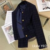 Ladies Short Jacket 2025 Spring Autumn Navy Blue Small Fragrance Lady Outerwear Korean Version Temperament Women's Short Tops