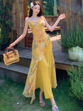 Women Holiday Beach Print Floral Ruffled Long Dress V Neck Sleeveless Spaghetti Strap Fairy Dress Elegant Evening Party Vestidos