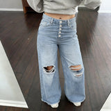 Pbong  y2k Denim Pants Fashion Women Clothes Solid Color High Waist Wide Leg Loose Fit Ripped Jeans Casual Trousers Streetwear
