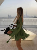Unique Split Long Sleeves V Neck Woman Soft Mini Dress Sexy Lady Pleated Hem Green Short Dresses New Fall Beach Party Vestidos