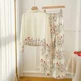 Pbong  Female 2PCS Pajamas Set Spring Summer New Arrived Printing Sleepwear Long Sleeve Trouser Suits Loose Home Clothes Loungewear