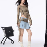 2000s Aesthetic Vintage T-shirts Women Sexy Y2k Punk Gyaru Long Sleeve Crop Streetwear Asymmetrical Top Slash Neck Tee