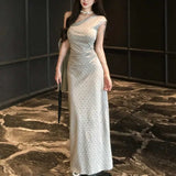 Pbong  Women One Shoulder Sleeveless Ruched Bodycon Midi Dress Polka Dot Elegant Party Dress