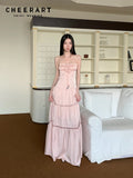 Pink Satin Backless Maxi Dress For Woman Shirring Beading A Line Long Tube Dress 2025 Summer Vacation Clothes