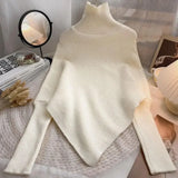 Asymmetric Knit Poncho Sweater for Women Soft Rib-knit Turtleneck Long Sleeve Pullovers Female Tops Autumn Winter Casual Outfit