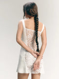 Lace See Through Sexy Mini Dress For Women Robe Spaghetti Strap Square Collar Sleeveless Ruched Bodycon Club Dress
