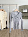 Long Sleeves Knit Top with Lace Trim Bow Front Solid Cute Bodycon Fitted T-Shirt Teen-girl Y2K Fairycore Clothes Spring Autumn