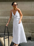 Pbong  New Women's V-Neck Halter Backless Dress Loose Ruffle Sleeveless Casual Office Lady High Street Long Dress