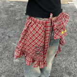 Pbong  Y2k Aesthetic Plaid Irregular Ruffled Skirts Vintage Women Streetwear Letter Print Faldas Harajuku Grunge Casual Bandage Skirt