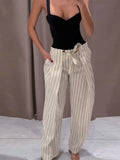 Pbong  Striped Pleated Wide-Leg Pants Striped High Waist Tie Side Pocket Spring Versatile Women Bottoms Casual Chic Lady Trousers
