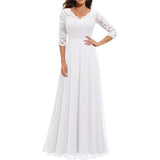 Pbong  New 6-Color 5-Size Lace Splicing Long Waist-Cinching Elegant Dress Floor-Length V-Neck Polyester Fiber Evening Gown Dress