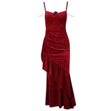 Christmas Red Velevt Dress Women Elegant Mall Goth Fairy Grunge Spaghetti Strap Rose Patchwork Trumpet Dress Partywear