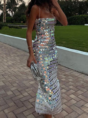 Luxury Spaghetti Strap Sleeveless Sling Cocktail Dress Women Sequins Skinny Dresses Summer Backless Party Club Dress Streetwear