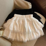 Pbong  New Black White Lace Spliced Women's Skirt Sweet Cute Cascading Ruffles Cake Skirts College Style Summer All-Match A-Line Skirt