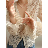 Pbong  Sweet Blouses For Women V-neck Flare Sleeve Summer Shirts Blusas Mujer De Moda Temperament Lace See Through Blouse Tops