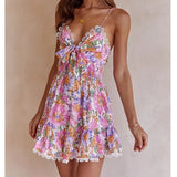 Pbong  Floral Printed Strappy Mini Dress Bow Tie Pink Ruffles Sexy Summer Sundress Chic Backless Party Dresses Ladies Vestido