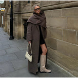 Brown Shoulder Pad Woolen Overcoat Women Elegant Lapel Single-breasted Long Sleeve Coat 2025 Autumn Lady Commuter Outerwear