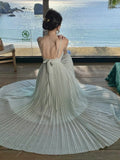 Women Elegant V-Neck Solid Evening Dress Fashion Pleated A-Line Backless Long Party Dress Korean Asymmetrical Vestidos Mujer
