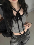 Short Sleeve Lace Up Striped Shirts for Women Harajuku Y2k Top Camisetas Grunge Clothes Y2k Graphic T Shirts Crop Top Ropa Mujer