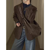 Retro Faux Woolen Blazer Coat Women Harajuku Long Sleeve Fall Winter Y2K Jacket Streetwear American Casual Lady Suit Coat
