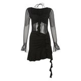 Pbong  Skinny High Waist Mesh Full Sleeve Waistless Mini Dresses Summer Women Dress New Strapless Solid Sexy Mini Ruffle Wrapped Dress