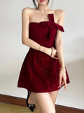 Trendix Sequins Tube Top Dress Ladies Fashion Bow Patchwork High Waist Sleeveless Mini Dress Party Sexy Off Shoulder Dress Women
