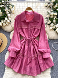 Gentle Korean Shirt Dress Female Single Breasted Lace Spliced Fashion Long Sleeve Women A Line Solid Autumn Chic Dress