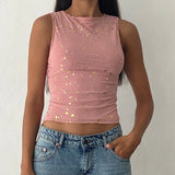 Silver Foil Print Tank Tops Summer Sleeveless Bodycon Shirt Vest Ladies O Neck Slim Fit Crop Tops Women Casual Going Out Clothes