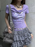 Pbong  Y2k Aesthetic Vintage Summer Printing Tees Slash Neck Streetwear Purple Tshirts Women Harajuku Grunge Bottoming Sexy Crop Tops