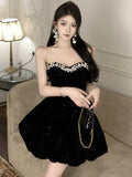 Black Velvet Womens Dresses Sexy Strapless Backless Wedding Party Mini Dress Slim Waist Prom A-Line Vestidos Female Clothes New
