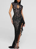 Mesh Lace Ruffled Sexy Maxi Dress For Women Gown Black Hollow Out Sleeveless Thigh High Split Club Long Dress Vestido