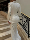 Pbong   Sexy V-neck High Slit Button Women Maxi Dress Black Long Sleeve Evening Dress Female Winter Slim Elegant Party Dress
