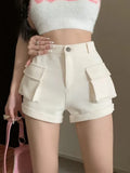 Pbong  Korean Casual Cargo Shorts Women Pockets High Waist Streetwear Shorts Summer All Match Lady Simple Solid Slim Cargo Shorts