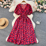 Pbong  Women Dress Fashion Romantic Floral Print Drawstring Waist Long Summer Dress Vacation Korean Party Vestidos