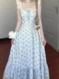 Pbong  Japan Kawaii Lolita Dress French Elegant Sweet Slim Long Dress Summer Harajuku Vintage Print Floral Y2k One Piece Dress Korean