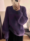 Pbong  Soft Grape Purple Mink Sweater Women's Autumn Winter Inner Wear Lazy Style European Fashion Sensation Rabbit Fur Knitted Top