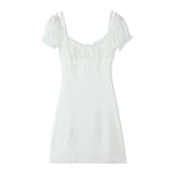 Pbong  Sweet White Ruched Chest Spliced Lace Short Sleeve Mini Dress Women Bow Sashes Back Sling Strap Mini Dresses Party Robe