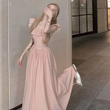 Pbong  Sweet Gentle Square Neck Dress Summer New Temperament Waist-sharp Mid-length Dress