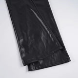 Pbong  Basic Solid Pu Leather Flare Pants Casual Slim Folds Low-Waisted Wide Leg Pants Women Autumn Spring Streetwear Office Lady