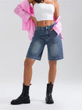 Women's Knee Length Denim Shorts Mid Rise Baggy Jean Short Pants with Pockets for Summer