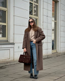 Women Elegant Shoulder Pad Wool Blend Overcoat Brown Lapel Single-breasted Long Sleeve Coat 2025 Autumn Lady Commuter Outerwear