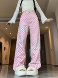 Pbong  Women Pink Plaid Pant High Waist Loose Vintage Korean Wide Leg Trousers Casual Pockets Sweet Female Retro Summer Pants New