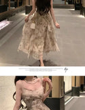 Elegant Floral Chiffon Midi Dresses for Women Holiday Long Dress Sleeveless Vintage Dress Fairy Slim Party Casual